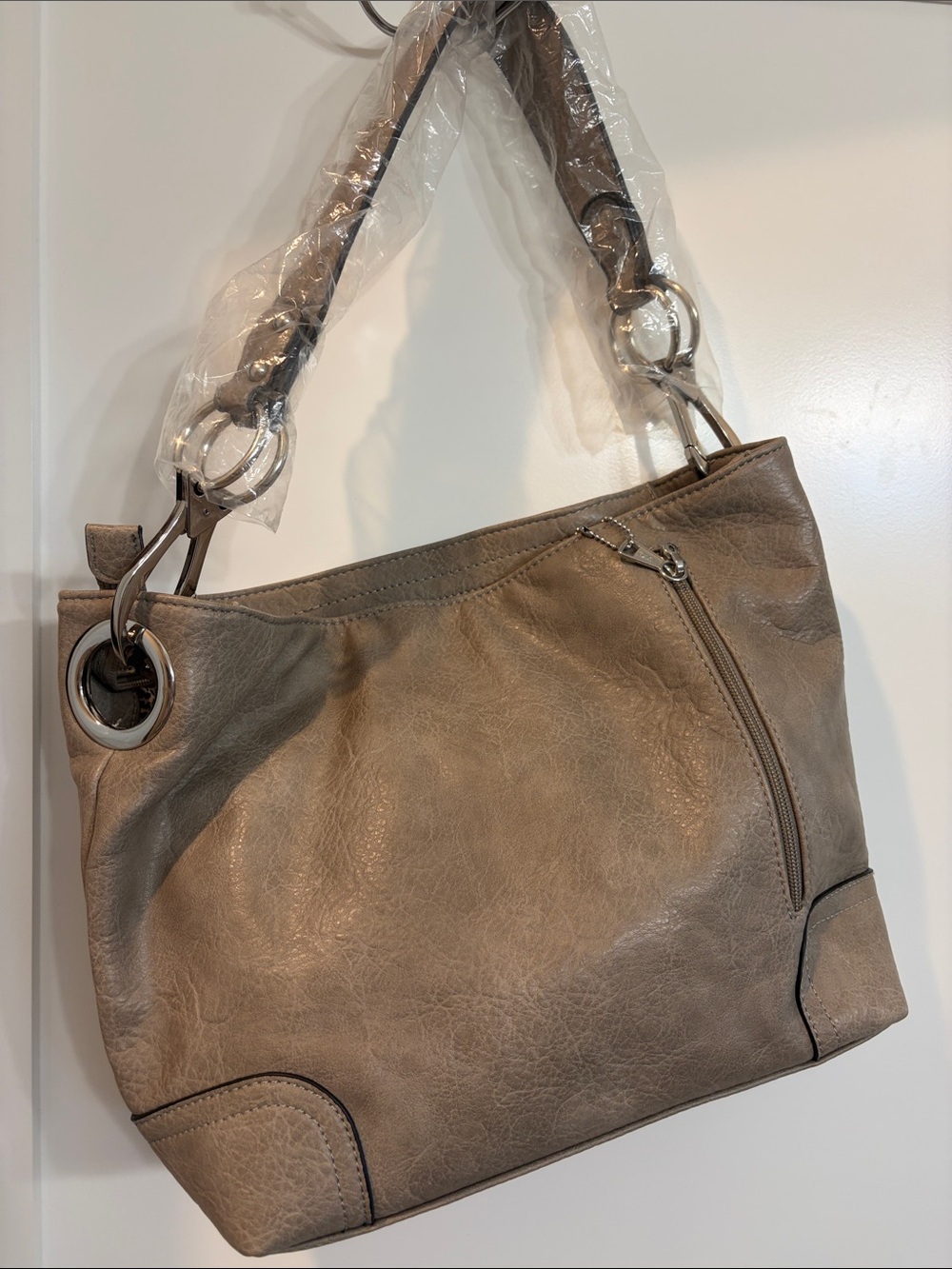 Conseal and Carry Taupe Shoulder Bag with Silver Ring Accents